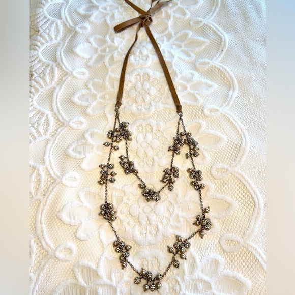 Necklace Crystal and Bead Clusters Two Strand Ribbon Tie - Picture 8 of 13